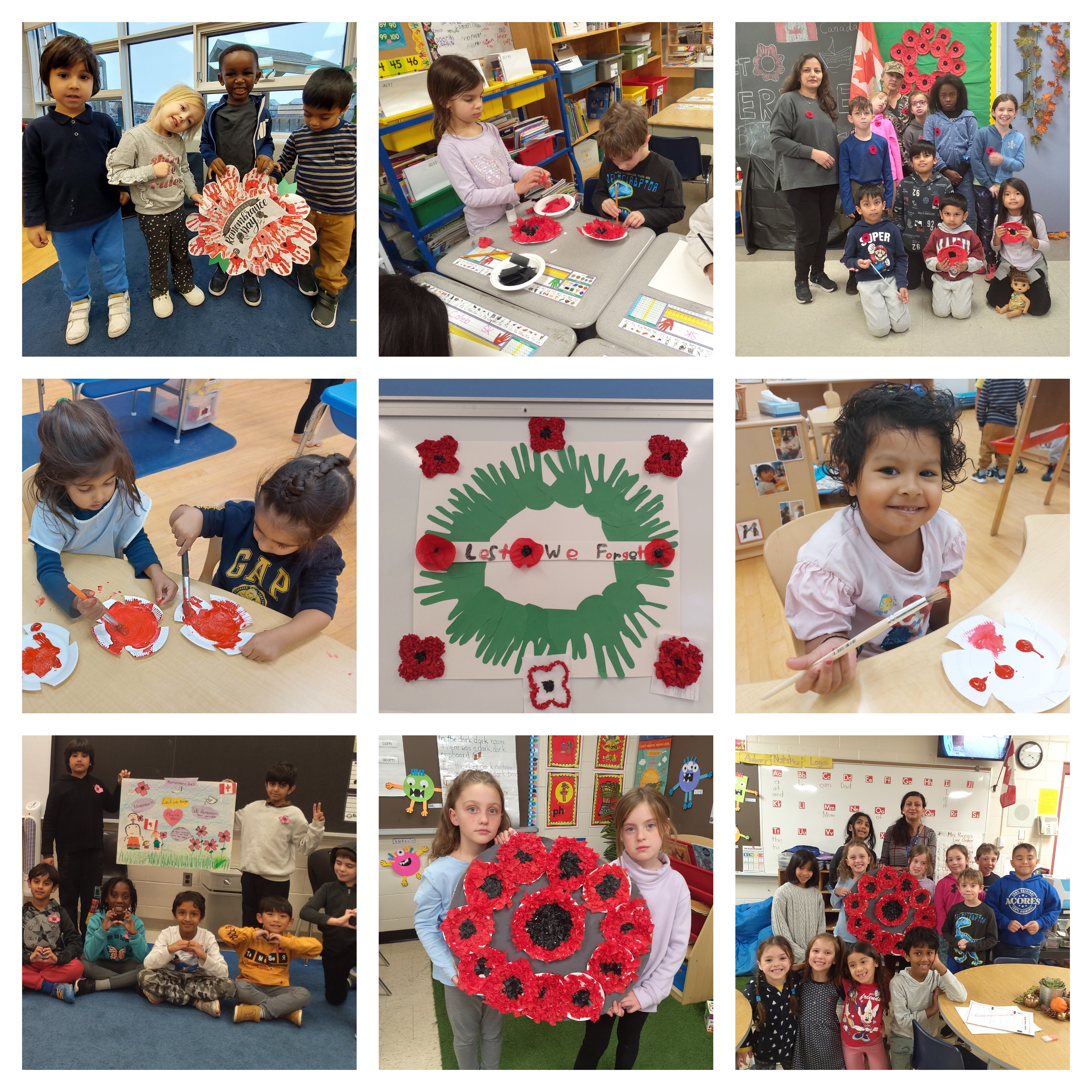 A collage of PLASP children and educators with their Remembrance Day crafts 